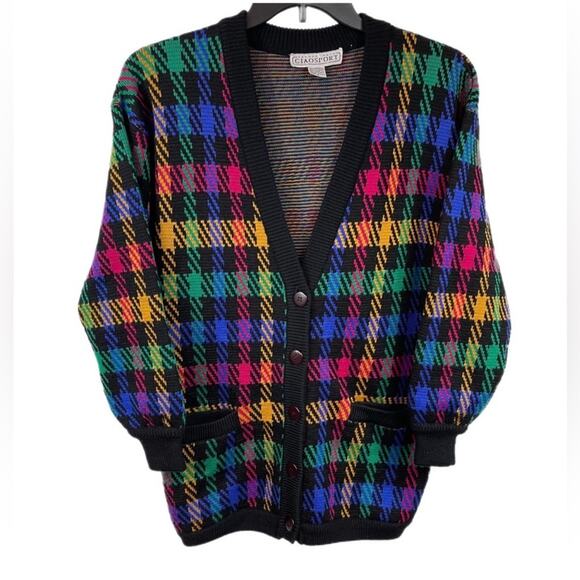 Vintage Sweaters - Vintage 100% Lambswool Plaid Cardigan Sweater Small Black Multicolor V-Neck